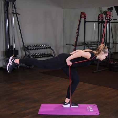 Martwy ciąg jednonóż z gumą power band na barkach Martwy ciąg jednonóż z gumą power band na barkach