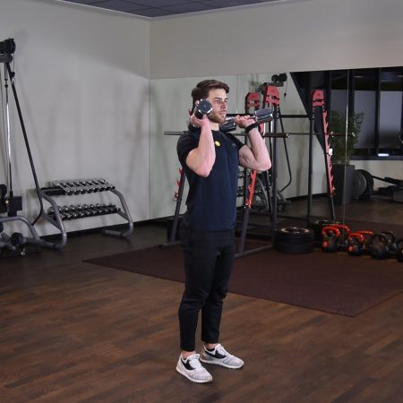 Thruster z hantlami Ćwiczenie thruster z hantlami - just be fit