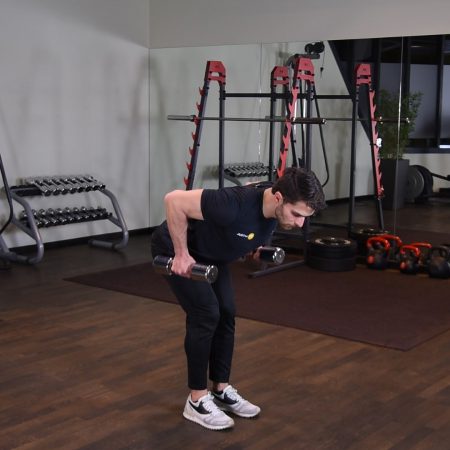 Wiosłowanie hantlami w opadzie tułowia Wiosłowanie hantlami w opadzie tułowia