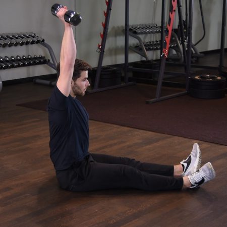 Wyciskanie hantli nad głowę jednorącz w siadzie prostym Wyciskanie hantli nad głowę jednorącz w siadzie prostym