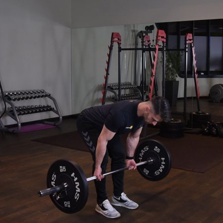 Wiosłowanie ze sztangą w opadzie tułowia podchwytem Wiosłowanie ze sztangą w opadzie tułowia podchwytem