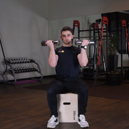Arnoldki - Wyciskanie hantli nad głowę z rotacją siedząc Arnoldki - Wyciskanie hantli nad głowę z rotacją siedząc - just be fit
