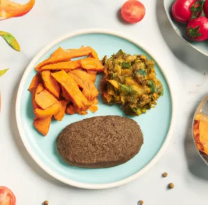 Bataty z burgerem z czerwonej fasoli i sosem salsa