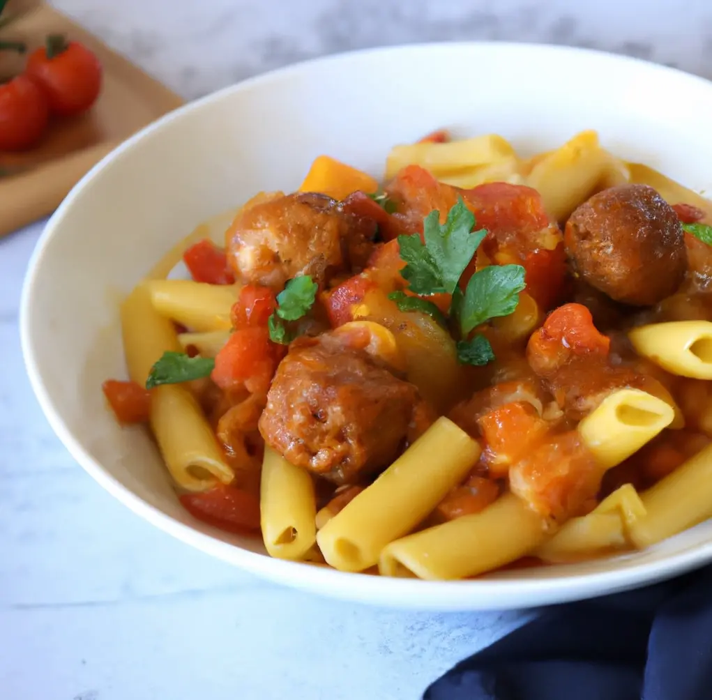 Makaron penne z sosem warzywnym i pulpecikami