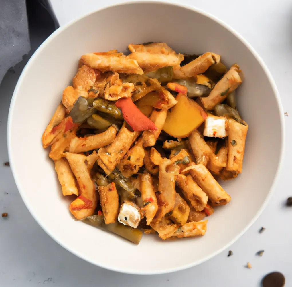 Makaron z wędzonym tofu, pieczarkami i cukinią