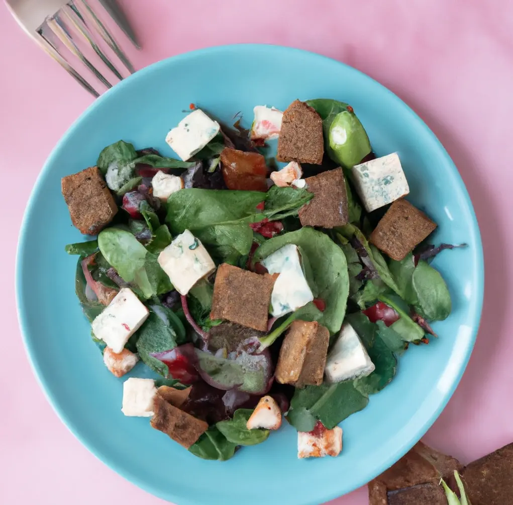 Sałatka ze szpinakiem, serem pleśniowym, burakami i grzankami