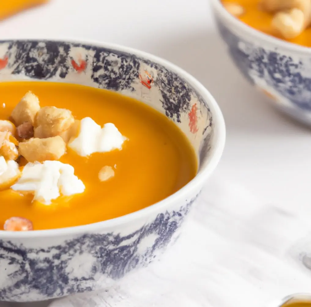 Zupa dyniowa z masłem orzechowym, serem feta i pieczoną ciecierzycą