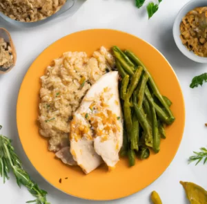 Pieczona pierś z kurczaka z kaszą bulgur i puree z marchewki i pomarańczy