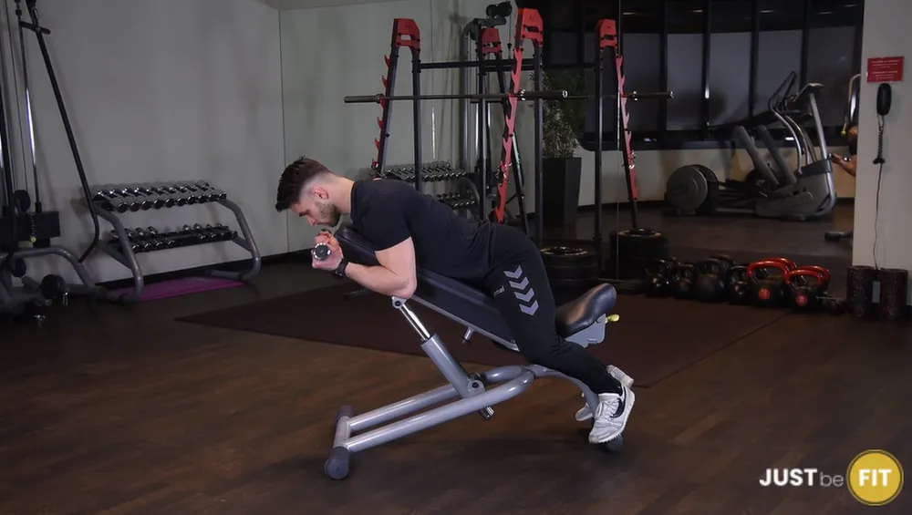 Uginanie ramion z hantlami w leżeniu przodem na ławce dodatniej ćwiczenia na biceps