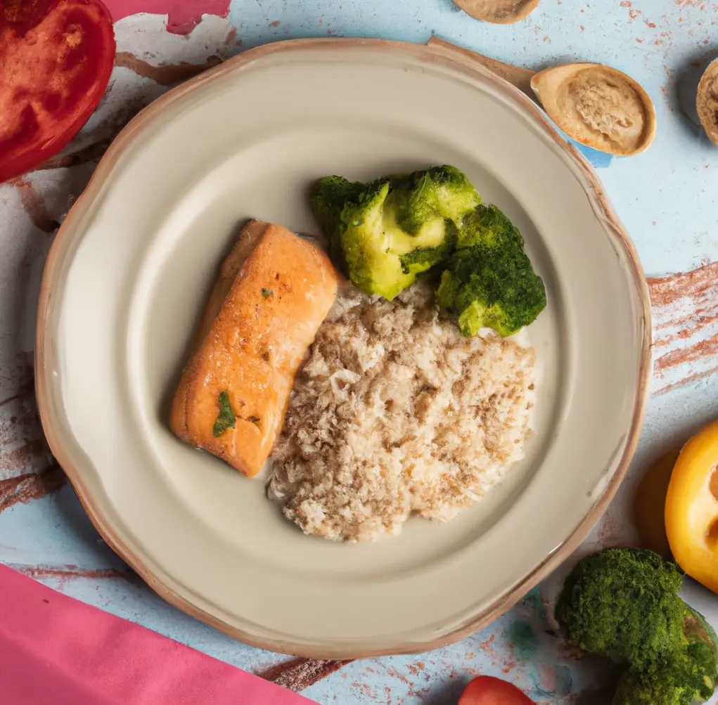 Łosoś w sosie musztardowo-miodowym z brązowym ryżem, brokułem i kalafiorem