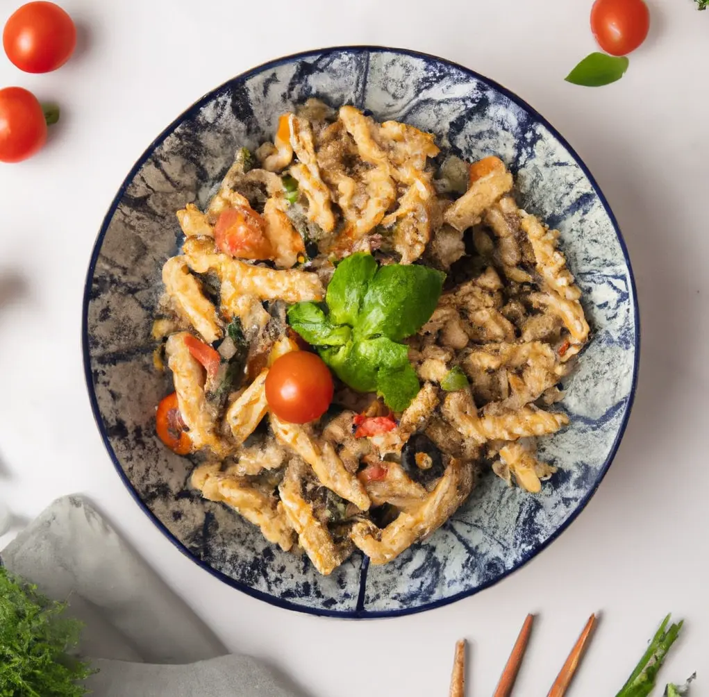 Makaron z tuńczykiem, oliwkami, kaparami i pomidorkami koktajlowymi