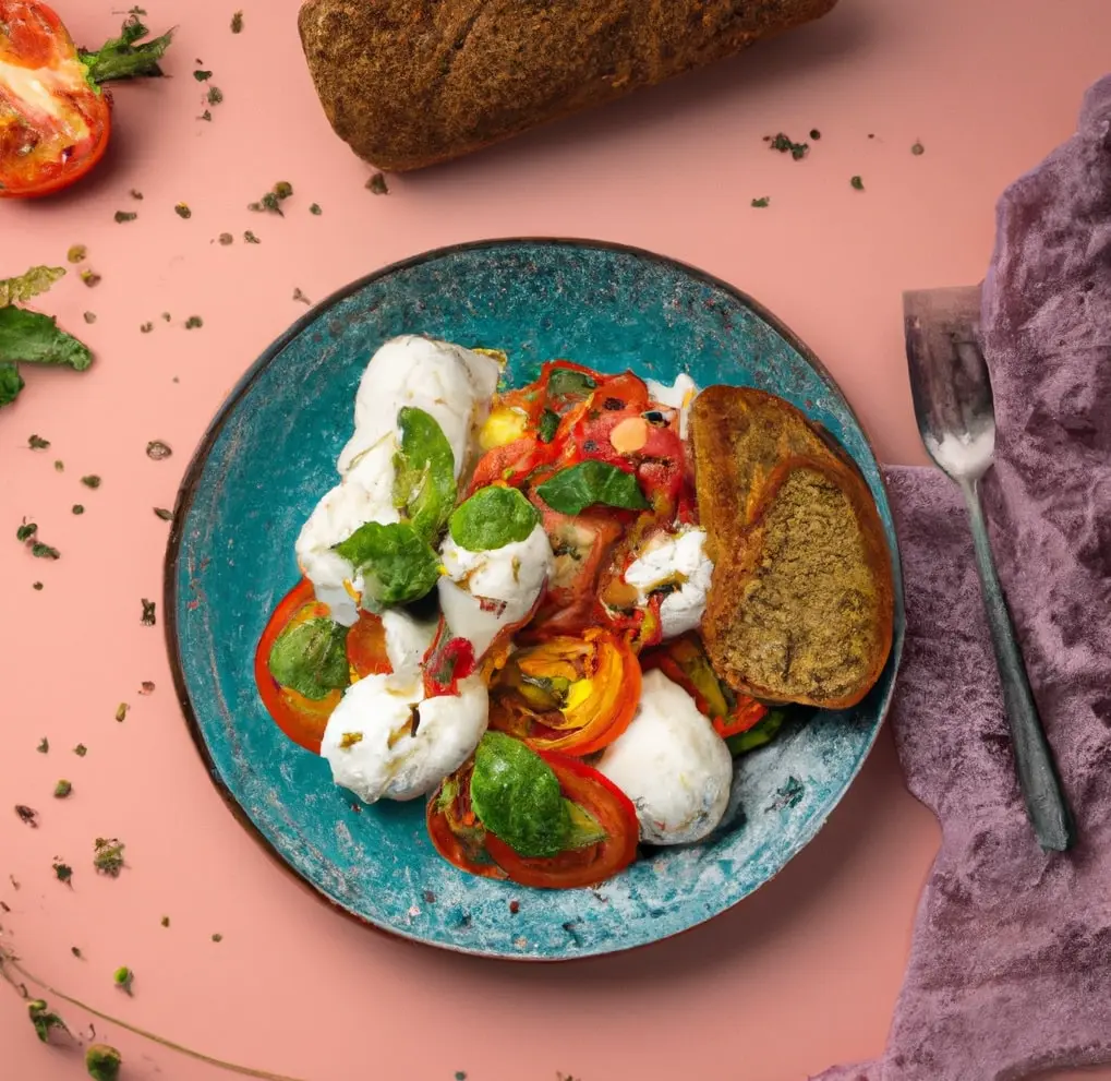 Sałatka caprese z sosem bazyliowym i pieczywem