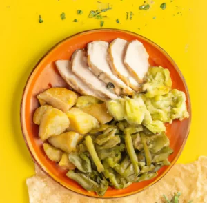 Filet z piersi kurczaka z porem, zieloną fasolką i ziemniakami