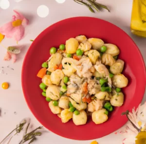 Gnocchi z indykiem, groszkiem, marchewką i serem grana padano