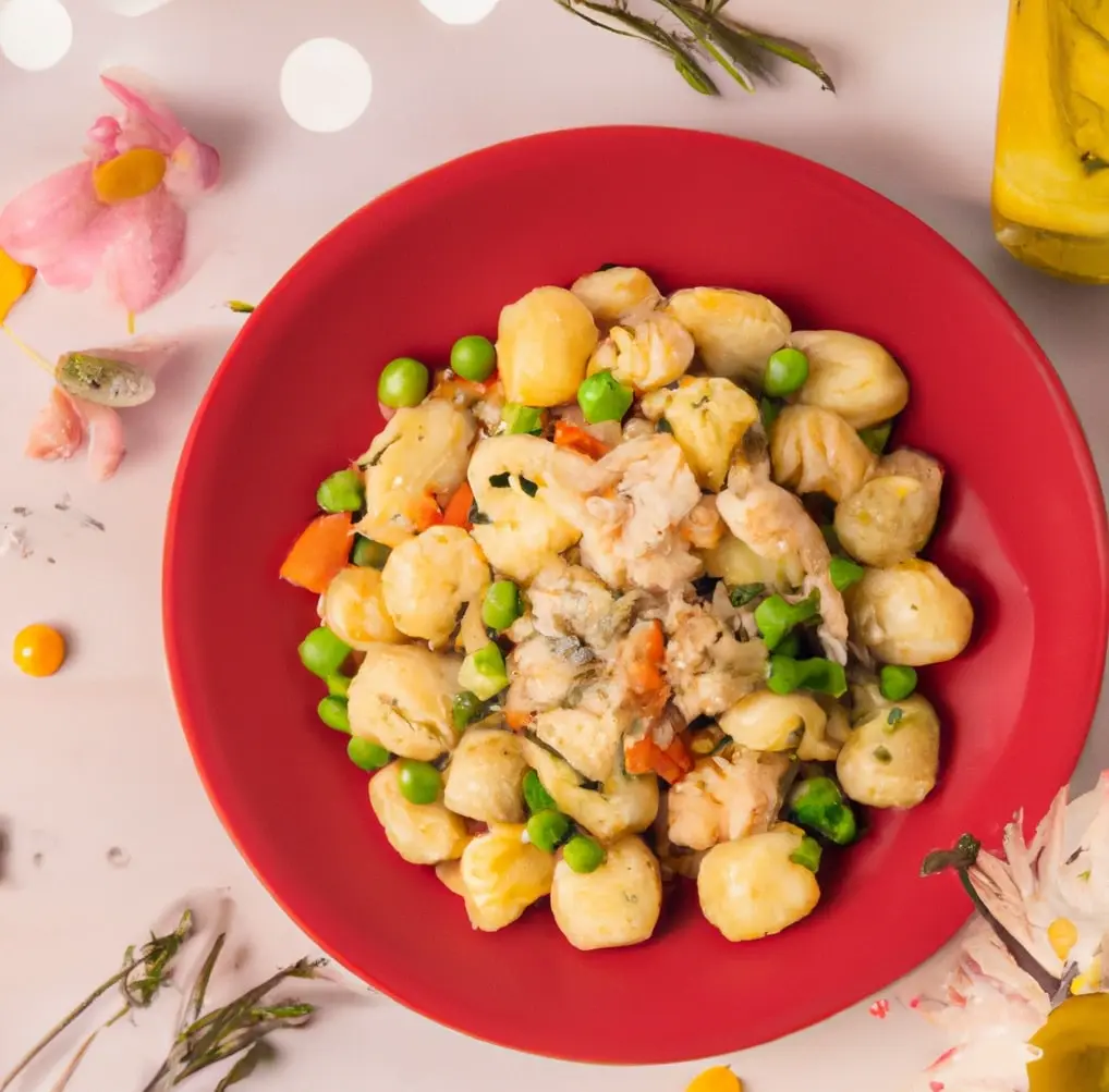 Gnocchi z indykiem, groszkiem, marchewką i serem grana padano