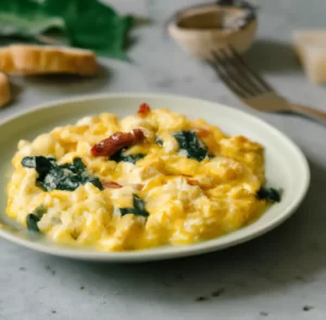 Jajecznica ze szpinakiem i suszonymi pomidorami