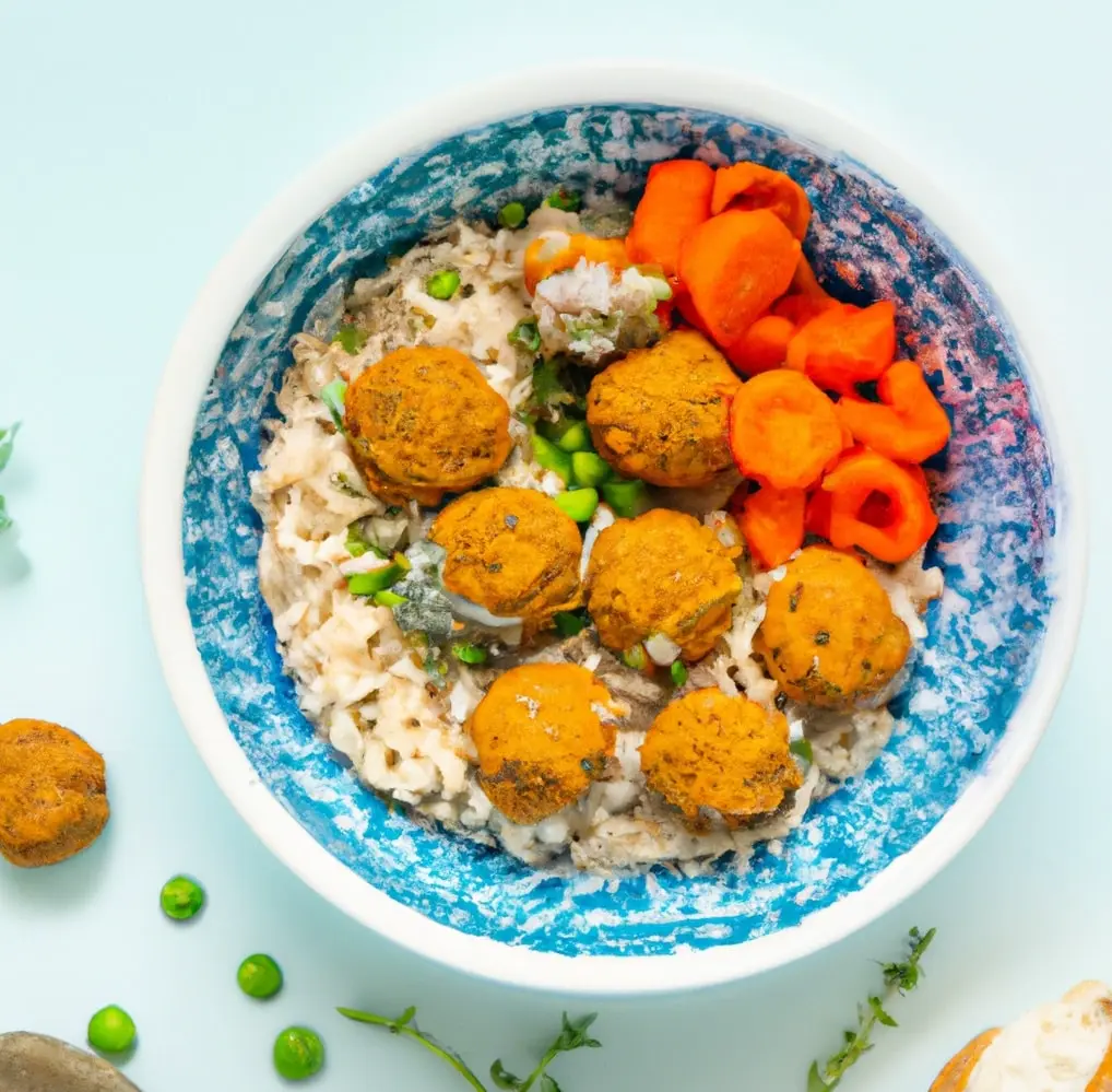 Klopsiki z soczewicy z kaszą jęczmienną i marchewką z groszkiem