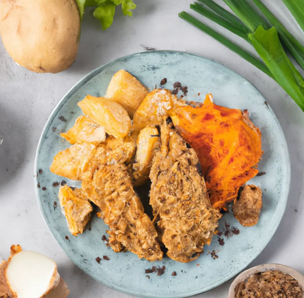 Mintaj w płatkach owsianych z pieczonymi ziemniakami i kapustą kiszoną