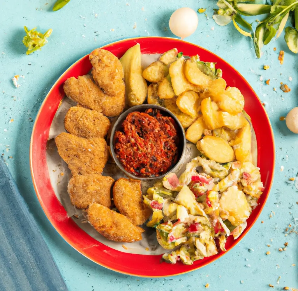 Nuggetsy z kotletów sojowych z pieczonymi ziemniakami i sałatką colesław