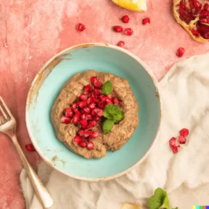 Pudding chia na mleku roślinnym z owocami granatu