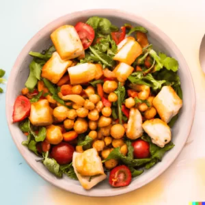 Sałatka z ciecierzycy, papryki, ogórka i pomidorków koktajlowych