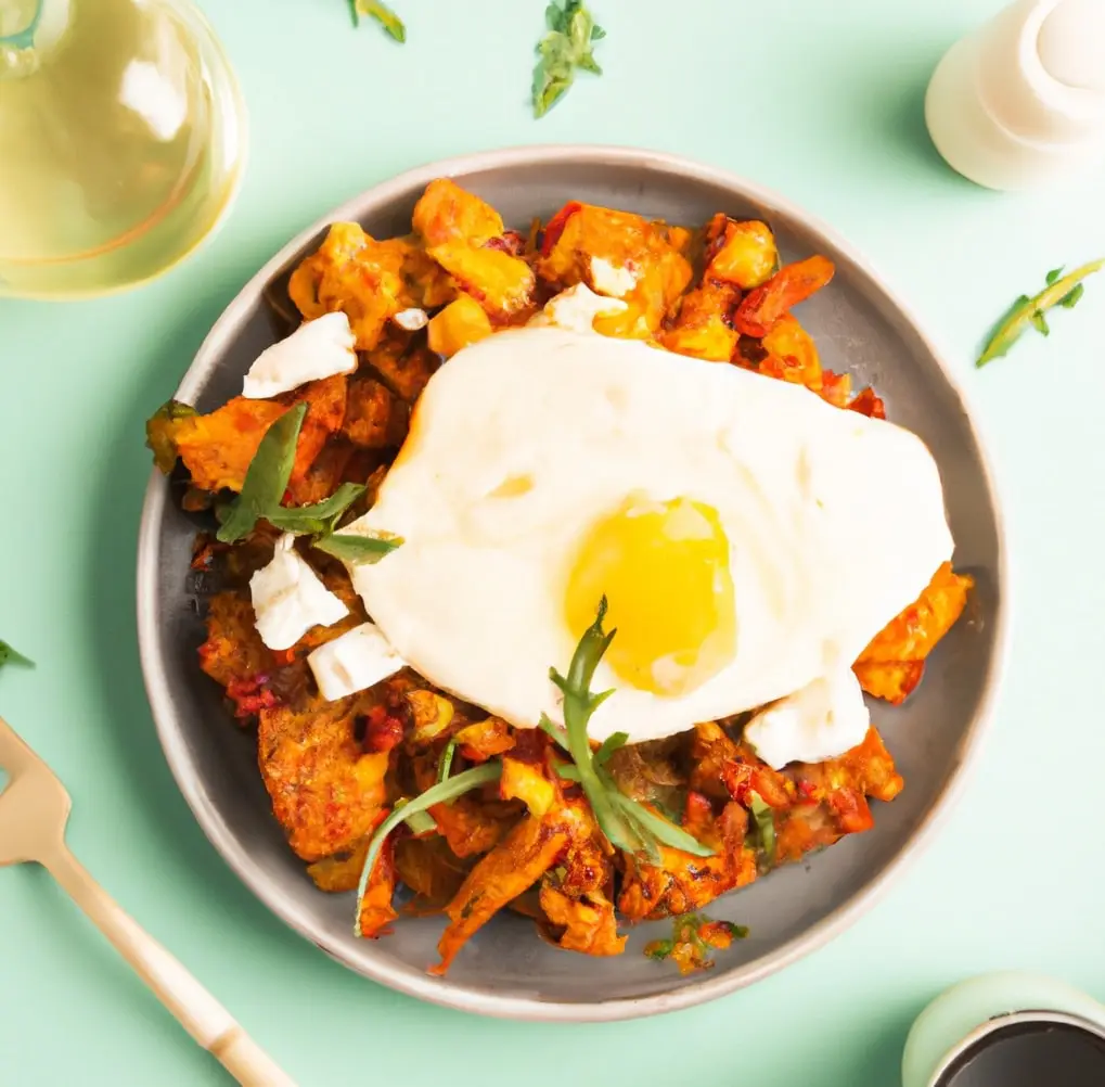 Szakszuka z pieczarkami, brokułami, batatem i ricottą