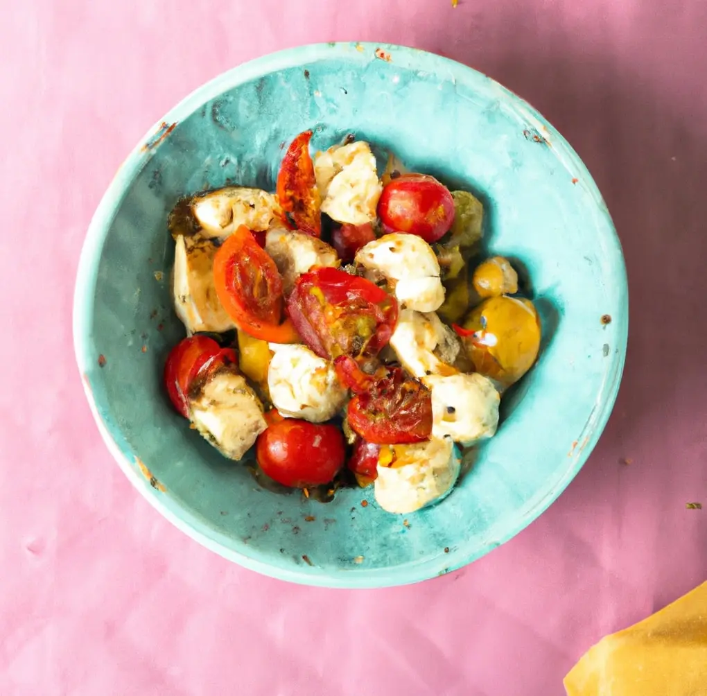 Wegańska feta z oliwkami i pomidorkami koktajlowymi