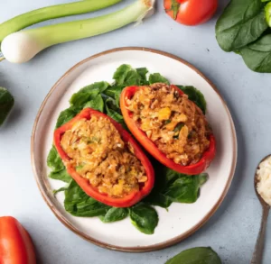 Zapiekana papryka z ryżem, kurczakiem, fasolą, zieloną papryką i kukurydzą