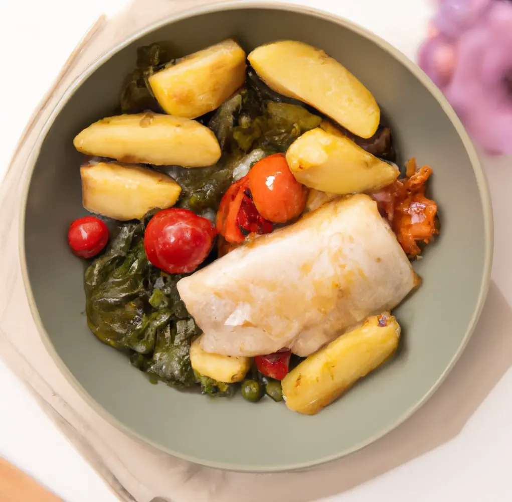 Dorsz z ziemniakami, ze szpinakiem i pomidorkami koktajlowymi
