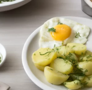 Jajka sadzone z młodymi ziemniakami i mizerią