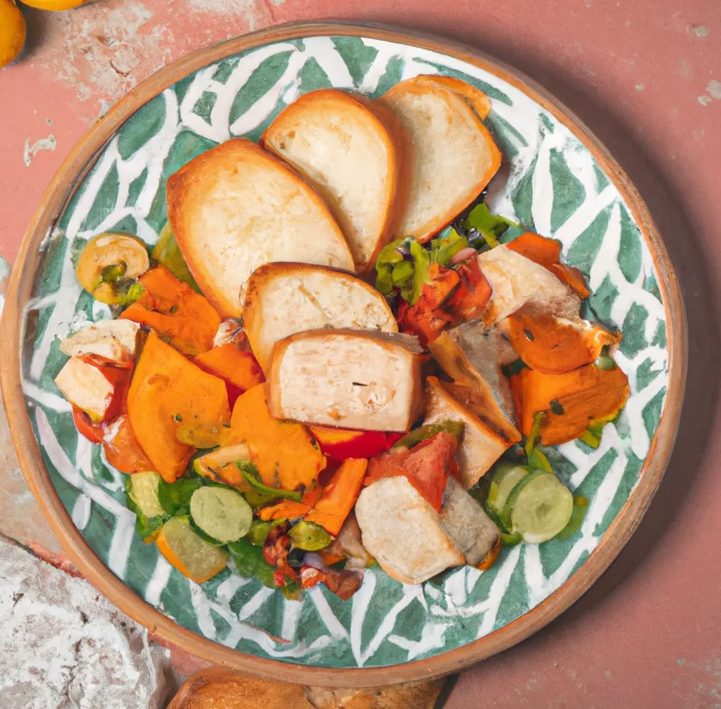 Sałatka z pieczoną wieprzowiną, pomidorami, ogórkiem i bagietką