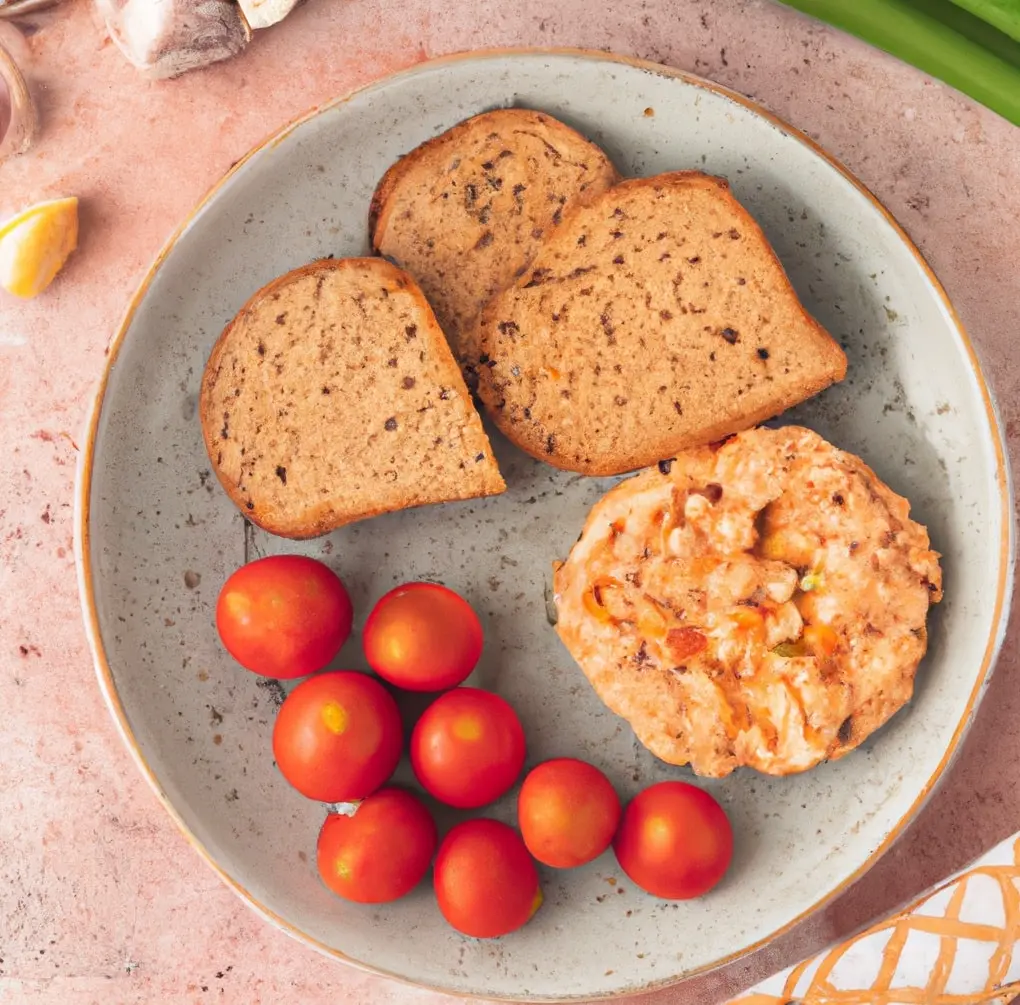 Pasta jajeczna ze szczypiorkiem, suszonymi pomidorami, rukolą i pieczywem